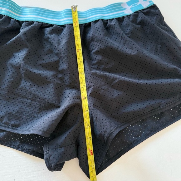 Under Armour Women’s Running Shorts Black Mesh Blue Logo Waistband - Picture 6 of 6